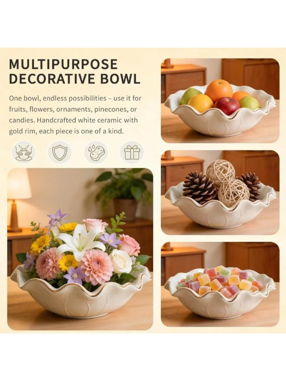 10-Inch Large Decorative Lotus Ruffle Bowl with Elegant Gold Rim Accent